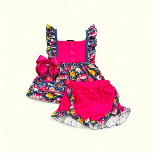 Girls Pink Flower Shorts Set Lace with Matching Bow - Bowtism